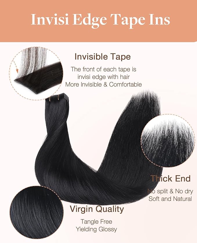 GOO GOO Invisi Edge Tape in Hair Extensions Human Hair, 1 Jet black 10pcs injected with 10pcs classical tape ins, 22inch 50g, Virgin Remy Hair, Natural Look