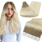 Full Shine Tape in Hair Extensions 22 Inch Balayage Color 8 Ash Brown Ombre 60 Platinum Blonde Natural Seamless Double Sided Remy Tape Ins Human Hair Extensions 20 PCS Soft and Silky 50g Add Length