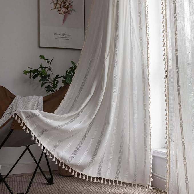 Boho Curtains Embroidery Linen Curtains 108 Inches Long 2 Pannels by BCLBUSTE