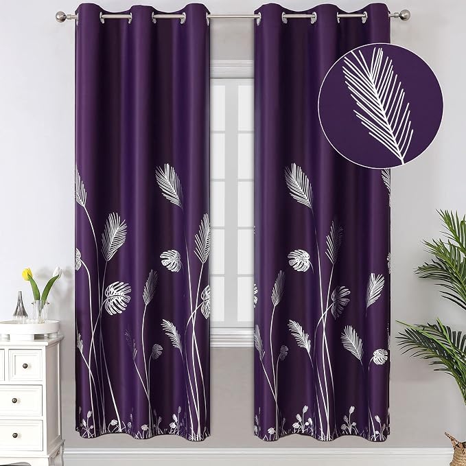 Purple Blackout Curtains for Bedroom, Room Darkening Silver Palm Tree Pattern by ESTELARTEXTILER