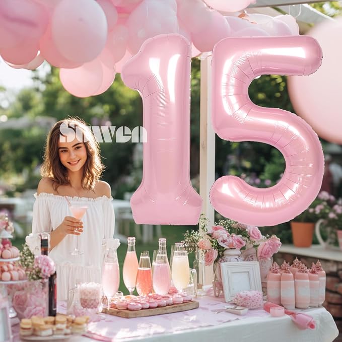 SUWEN 40 Inch Pink Large 15 Number Balloons Big Foil Helium Number Balloons 0-9 - Image 4