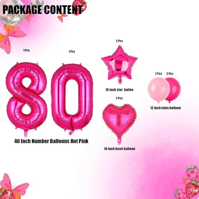 40 Inch Number Balloon Hot Pink 80 Set Pink Theme 80th Birthday Decor 10Pcs | - Image 2