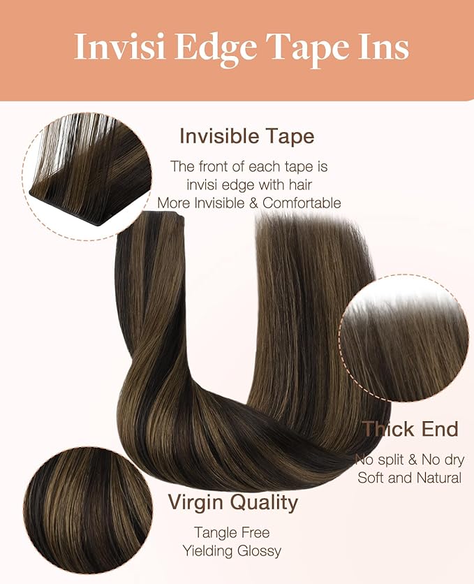 GOO GOO Invisi Edge Tape in Hair Extensions Human Hair, 2/6 Dark Brown Highlighted Chestnut Brown 10pcs injected with 10pcs classical tape ins, 22inch 50g, Virgin Remy Hair, Natural Look