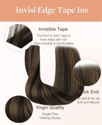GOO GOO Invisi Edge Tape in Hair Extensions Human Hair, 2/6 Dark Brown Highlighted Chestnut Brown, 20pcs 24inch 50g, Virgin Remy Hair, Seamless Injected Tape, Natural Look