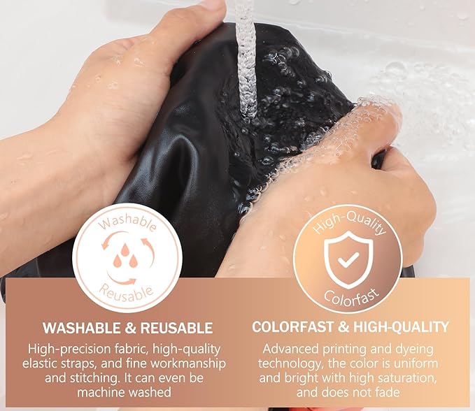mikimini Black Shower Cap, Double Layers Waterproof Bathing Hair Cap with Reusable Soft Comfortable PEVA Lining, Cute, Non-fading & Stretchy Shower Hat Medium (Pack of 1) Black + Orange