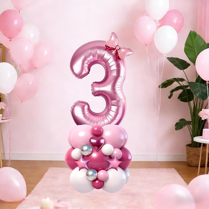 40 Inch Pink Number 3 Balloon Tower Set, Pastel Number Three Foil Balloon - Image 4