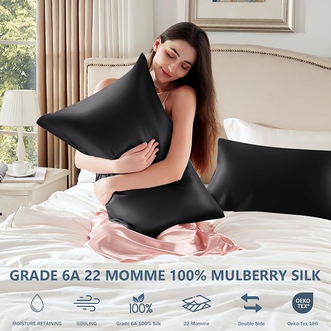 Silk Pillow Cases King Size 100% Mulberry Silk Pillowcase for Hair & Skin 22 Momme Both Sided Grade 6A Silk Cooling Soft Breathable 20 x 36 Inches with Hidden Zipper 1PC, Black
