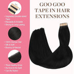 GOO GOO Tape in Hair Extensions Human Hair, 1 Jet black, 16inch 25g 10pcs, Skin Weft Seamless Invisible, Silky Straight with Thick Ends, Remy Human Hair