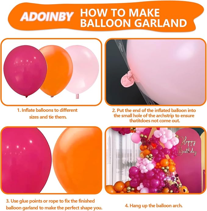 Pink and Orange Balloon Arch Kit, ADOINBY 161Pcs Hot Pink Orange Metallic Gold - Image 3