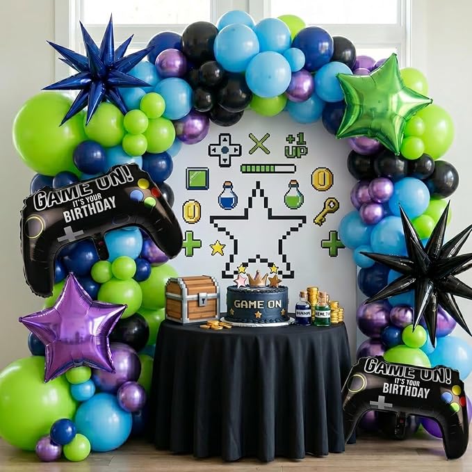 Video game Themed blue and green chrome purple balloon garland arch kit 140+pcs by yeewaka