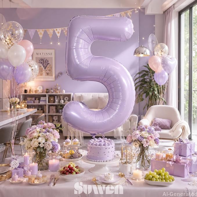 SUWEN 40 Inch Light Purple Lavender Big 5 Balloon Number Foil Helium 0-9 | 5th - Image 3