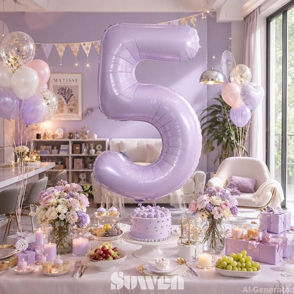 SUWEN 40 Inch Light Purple Lavender Big 5 Balloon Number Foil Helium 0-9 | 5th - Image 3
