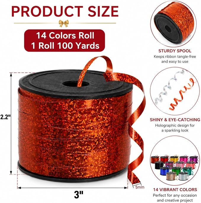 14 Roll Glitter Curling Ribbon, 1400 Yards Crimped Curling Ribbon, 1/5" Shiny - Image 2
