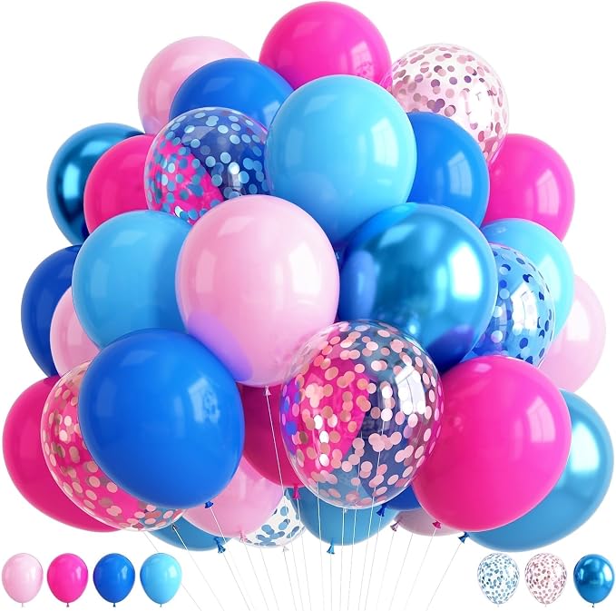 Pink and Blue Summer Balloons, 12 Inch Hot Light Pink Metallic Dark Blue Latex by Paeyeq