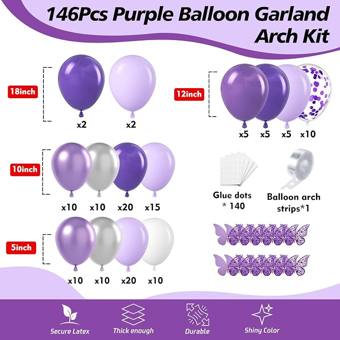 146Pcs Purple Balloons Garland Arch Kit - Image 2