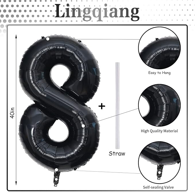 Black Number 8 Balloons, 40 Inch 8th Birthday Foil Balloon - Image 2