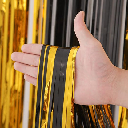 Voircoloria Black Gold Foil Fringe Backdrop Curtains, 3 Pack | Tinsel Streamers - Image 2