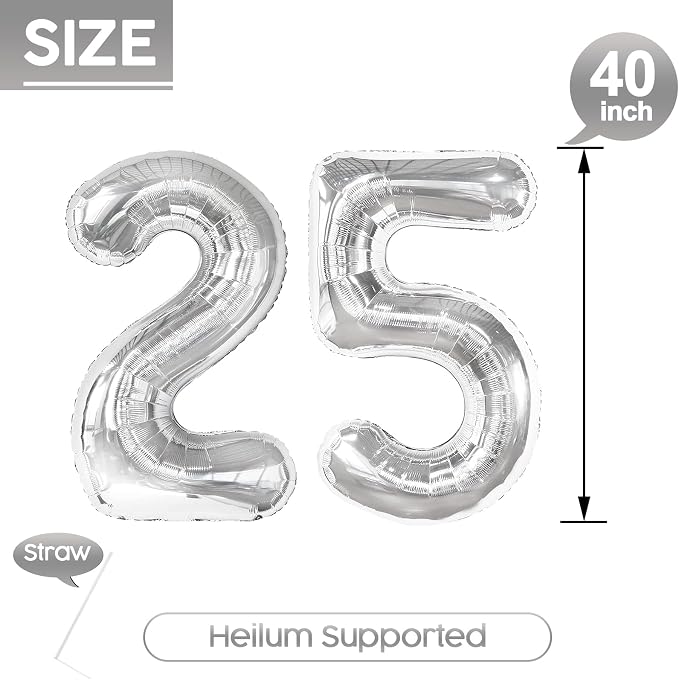 25 Balloon - Silver Birthday Number Balloons, 40 Inch Decorations Men Women | - Image 5