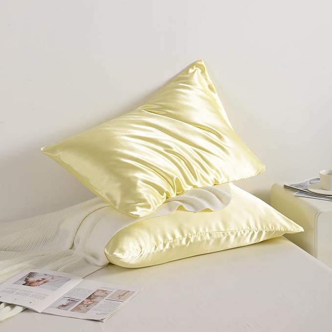 NTBAY 12 Pack Satin Standard Pillowcases for Hair and Skin, Luxurious and Silky Pillow Cases with Envelope Closure, 20 x 26 Inches, Light Yellow