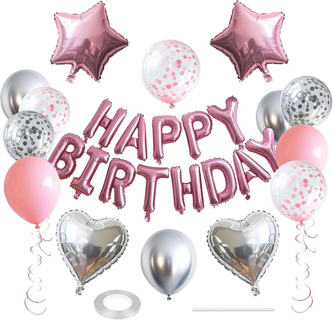 27 Pcs Pink Silver Birthday Decorations, 3D Letters Pink Happy Birthday Balloon by WEIKA