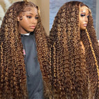Hidden Strap 360 Water Wave 220% Density Honey Blonde Deep Curly Human Hair wig Ombre Deep Wave 4/27 Highlight Lace Front Wigs Pre Plucked Wet And Wavy Water Wave Wig for Women 18 Inch