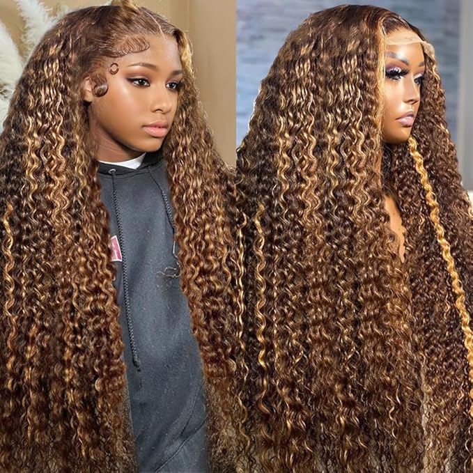 Hidden Strap Deep Wave 360 Lace Front Wigs Human Hair Highlight Ombre full lace Deep Curly Honey Blonde 4/27 Human Hair Wig with invisible drawstring Ombre 360 Glueless Wigs Human Hair 30 Inch