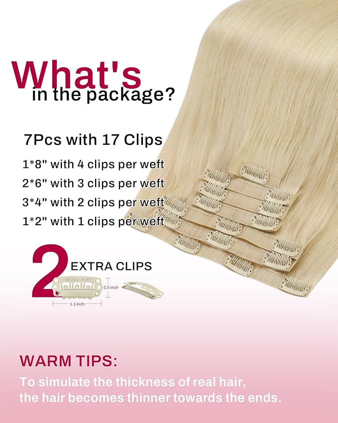 Moresoo Seamless Platinum Blonde Human Hair Clip in Extensions Blonde Real Hair Extensions Clip in Human Hair Invisible Pu Weft Straight 120g/7pcs 16 in