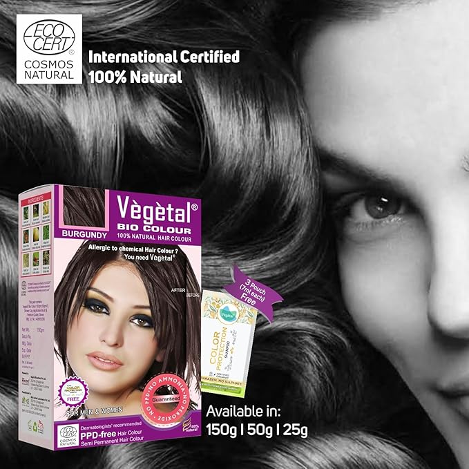 Vegetal Bio Colour Burgundy 150g, 100% Herbal and Organic Hair Color, Ammonia-Free, PPD-Free, Semi-Permanent Dye for Men and Women, Protects UV and Maintains Luster, Complete Kit Included