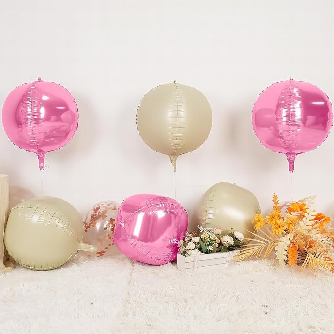 6Pcs Pink Cream White Round Foil Balloons, Giant 4D Round Ball Balloon - Image 4