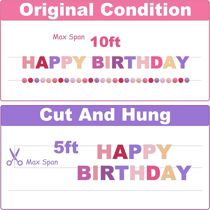Pre-Strung 3D Felt Happy Birthday Banner, Max span 10ft, NO DIY, Includes Pom - Image 5