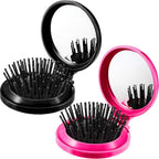 Boao 2 Pack Foldable Travel Mirror Hair Brushes Round Portable Folding Pocket Hair Brush Mini Comb Compact Travel Size Massage Comb for Men Women (Black, Rose Red)
