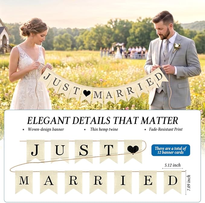 Rustic Burlap Just Married Banner, Wedding Banner - Image 2