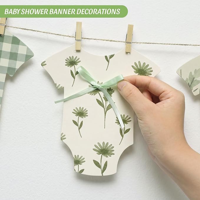 Frienda Baby in Bloom Paper Banner Baby Shower Sage Green Paper Bodysuit Dress - Image 4