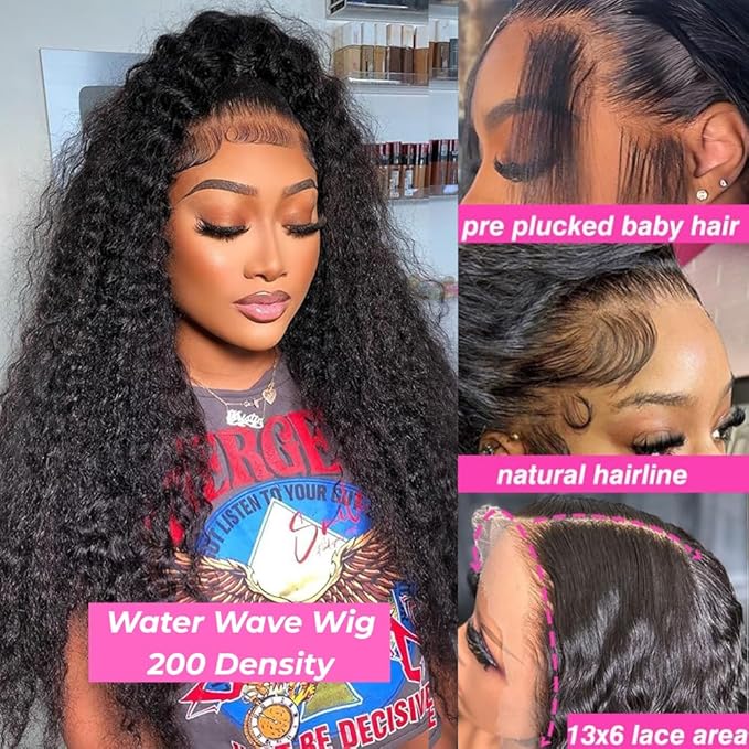 22 Inch Water Wave 13x6 HD Lace Front Wigs Human Hair Pre Plucked 200 Density Deep Part Curly Wig for Women Water Wave Frontal Wigs Human Hair