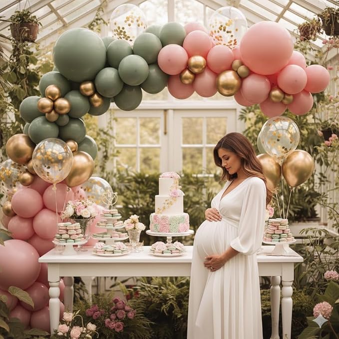 Sage Green and Dusty Pink Balloons, Retro Pink Muted Green White Gold Baby in - Image 6