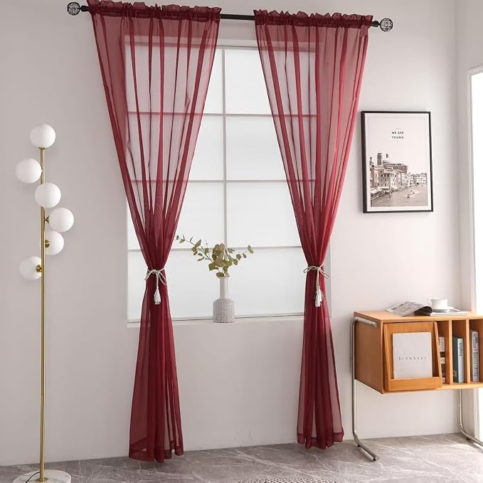 SpaceDresser Burgundy Sheer Curtains 4 Panels Rod Pocket Semi-Sheer Curtain 54 - Image 3
