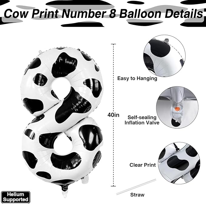 40 Inch Cow Print Number 8 Balloon, Large Black & White Mylar Foil Numbers 0-9 - Image 3