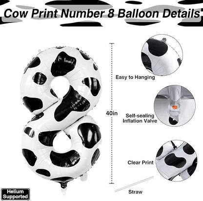 40 Inch Cow Print Number 8 Balloon, Large Black & White Mylar Foil Numbers 0-9 - Image 3
