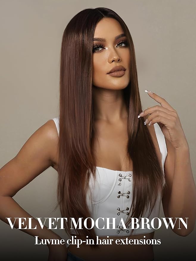 LUVME Clip in Hair Extensions Real Human Hair, Remy Human Hair Extensions Clip ins for Women, Dark Brown Extensions, 18inch 135g 9Pcs Silky Straight Hair