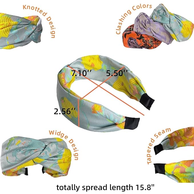 Prodaylab Twist Knotted Headbands for Women Trendy Fabric Embroidery Hair Elastics Wide Hair Bands Soft Non Slip Accessories Hairband for Girls (Sunflower)