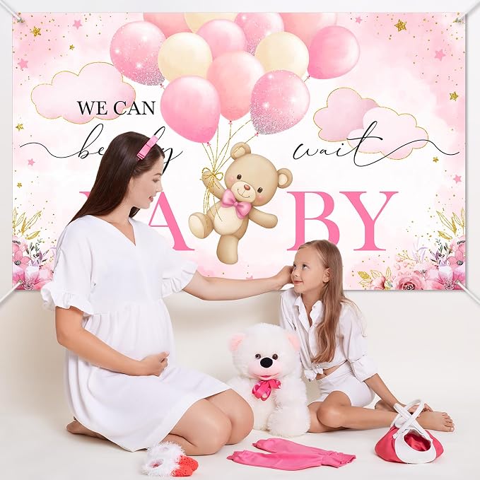Mocsicka We Can Bearly Wait Backdrop Pink Bear Baby Shower Banner Girls Baby - Image 5