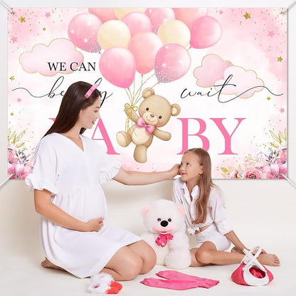 Mocsicka We Can Bearly Wait Backdrop Pink Bear Baby Shower Banner Girls Baby - Image 5