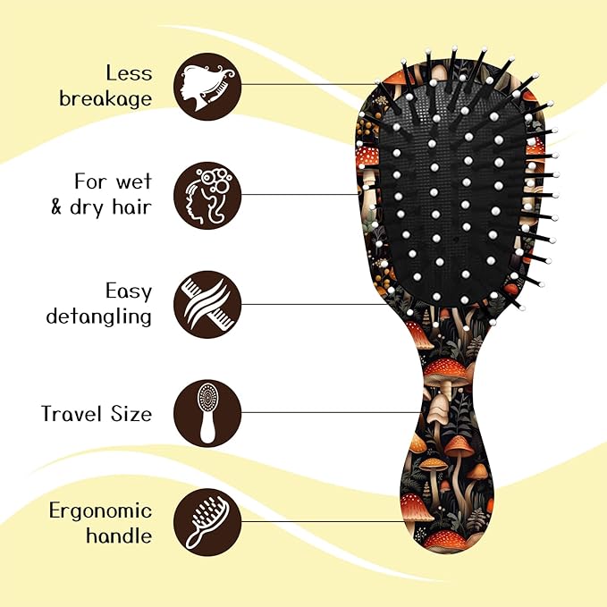 Mini Hair Brush,Cute Detangling Travel Hair Brush,Soft Bristles for Effortless Tangle Removal,Detangler Hairbrush for Women Men Boys Girls Kids Wet Dry All Hair Types (Red Mushrooms, Mini)
