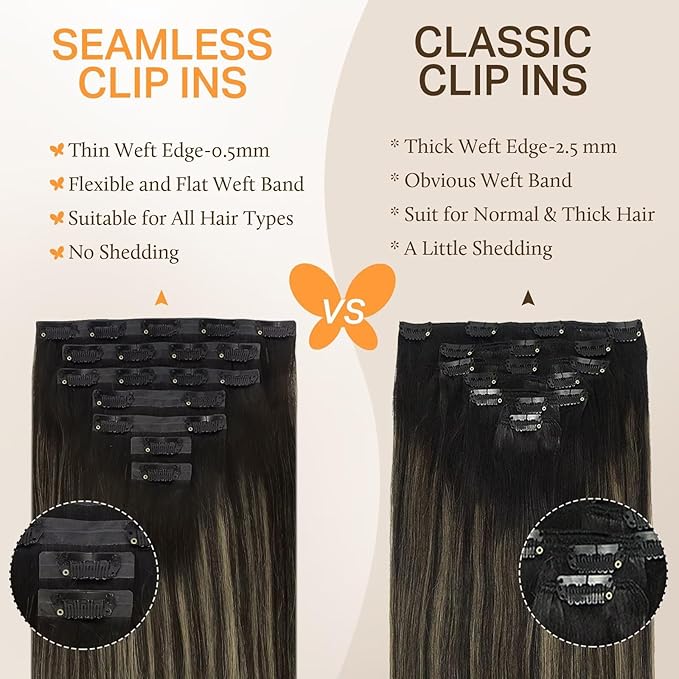 DOORES Clip-in Hair Extensions, Natural Black to Light Blonde, 7pcs 14 Inch 130g, Seamless Remy Hair, Thick Straight Hair, Invisi Edge
