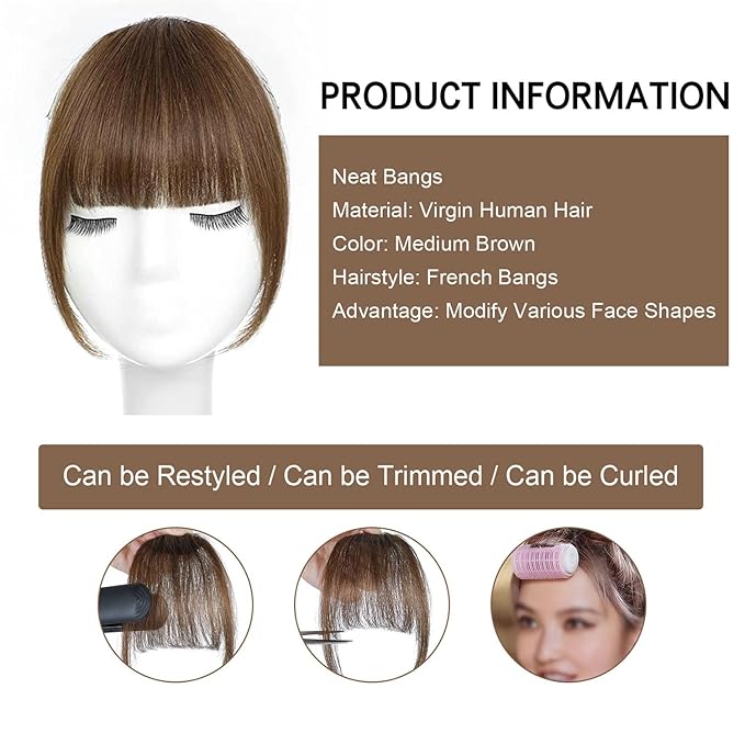 BOGSEA Clip in Bangs 100% Human Hair Bangs with Temples Bangs Hairpieces for Women Clip in Fake Bangs for Daily Wear (Medium Reddish Brown, French Bangs)