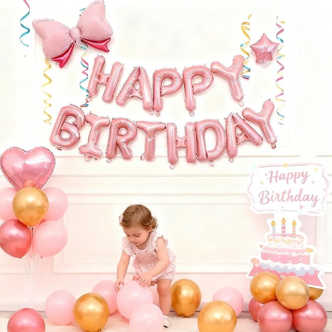Pink Happy Birthday Balloon Banner Set -16 Inch Foil Letters Balloons, Reusable - Image 4