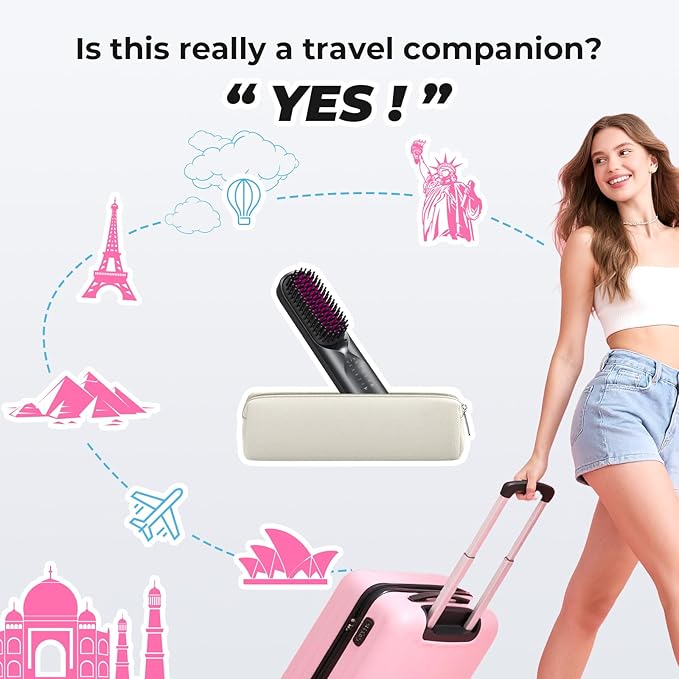Cordless Hair Straightener Brush - Portable Hair Straightening Brush for Travel - 300M Negative Ions for Frizz-Free Shine, Touch Up On-The-Go, Fast Heating, Gift for Women, 10,000mAh, Charcoal Black