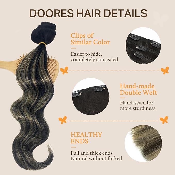 DOORES Clip-in Hair Extensions Real Human Hair, Balayage Natural Black to Light Blonde 18 Inch 150g 9pcs, Clip-in Extensions Human Hair Natural Thick
