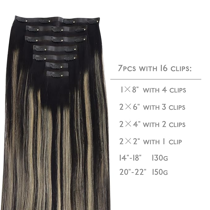 WENNALIFE Seamless Clip In Hair Extensions, 20 Inch 150g 7pcs Natural Black to Light Blonde Hair Extensions Clip in Human Hair Invisible PU Skin Weft Natural Remy Human Hair Extensions