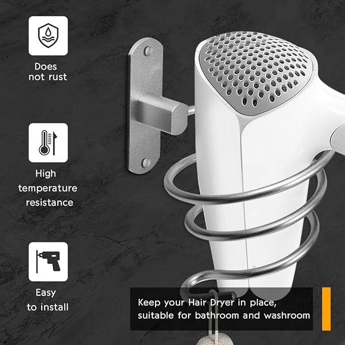Stainless Steel Wall Mounted Hair Dryer Holder, Spiral Shelf - Self-Adhesive, Silver
